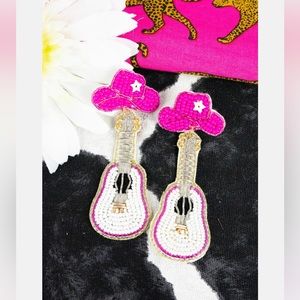 Fuchsia & White Guitar Seed Bead Earrings